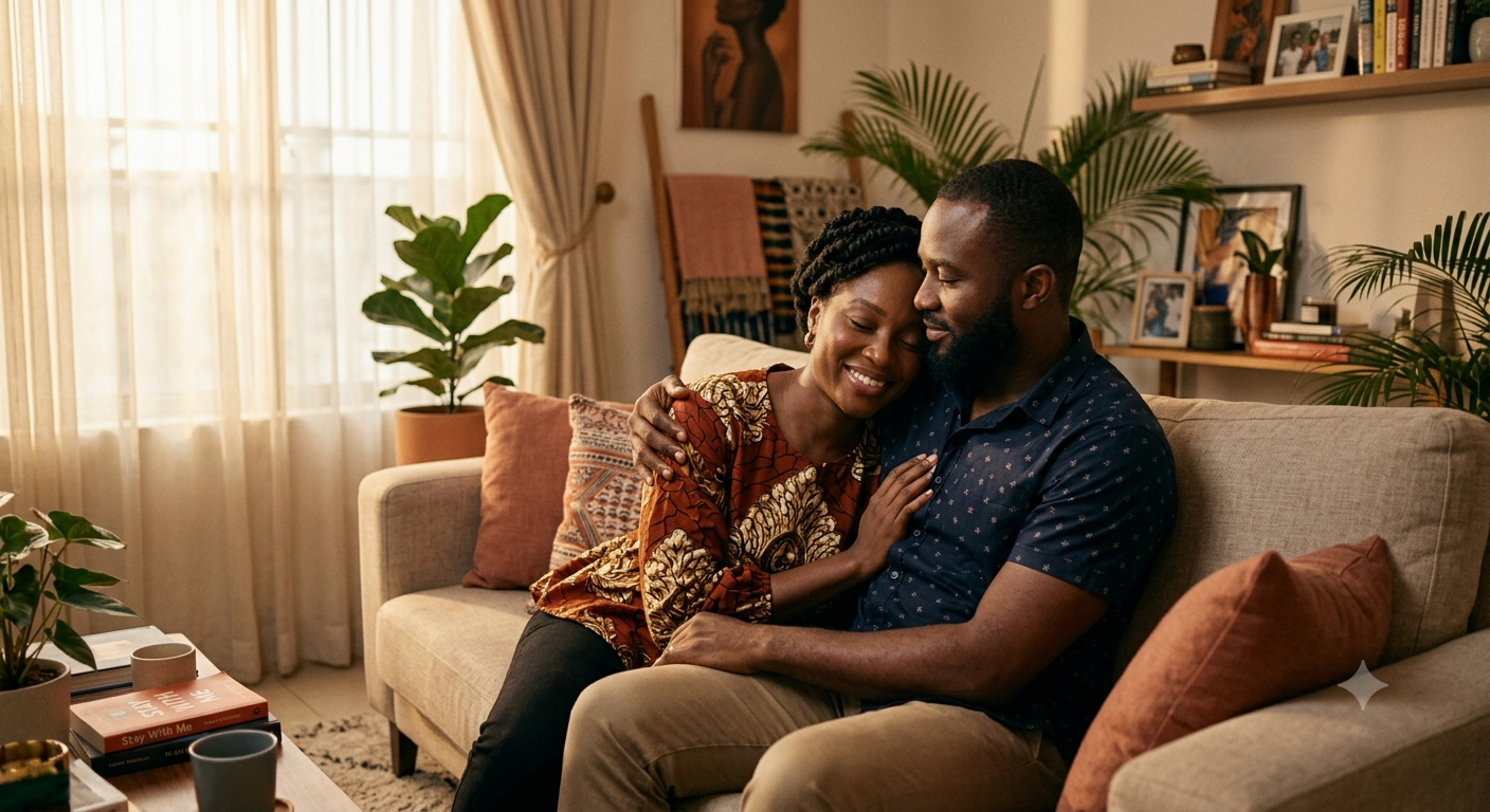 Nigerian couple reconnecting warmly